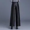 Pantalones de cuero simples de pierna ancha con forro polar para mujer, nuevo estilo otoño e invierno 2026, de cintura alta, holgados, adelgazantes, de corte recto, pantalones casuales con caída
