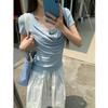 Tiro Real # Camiseta de Manga Corta Asimétrica en el Hombro Derecho con Cuello Retro Oscilante para Mujer 2025 Verano Nuevo Estilo Top Ajustado