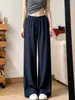 Calça de Linho Azul Marinho de Perna Larga para Mulheres, Nova Coleção Verão 2026 Cintura Alta Solta Reta Seda Gelada Algodão-Linho Fresco Calça Casual