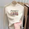 Camada base feminina de gola alta parcial com forro de fleece, novo estilo outono/inverno 2026, camiseta top de manga longa quente em fleece escovado