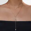 Moda Europeia e Americana Simples de Alta Qualidade Acessível Luxo Colar Longo em Y com Pingente Geométrico de Zircônia e Franja Feminino de Nicho Versátil