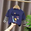 Camiseta de Manga Larga con Parches Rayados para Niños 100% Algodón 2026 Nueva Capa Interior de Primavera y Otoño para Niños Top de Capa Base Falso de Dos Piezas