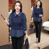 Camisa Listrada Patchwork Falsa Duas Peças para Mulheres, Novo Estilo Primavera, Elegante Cintura Marcada Emagrecedora Gola Polo Versátil Camisa Top Tendência