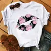 Moda Nova Tendência Leopard Estampa Batom Estampa Camiseta Feminina Verão Casual Mulheres Top Rosa Memória