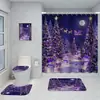 Cortina de Ducha Navideña con Papá Noel, Muñeco de Nieve y Reno, Juego de Cuatro Piezas, Escena Invernal con Cabaña y Árbol de Navidad, Cortina de Ducha Impermeable