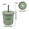 Taza de Silicona para Snacks Infantil Transfronteriza con Doble Asa, Asa, Popote Recto Curvo, Anticaídas, Suave, Taza de Agua Creativa, Taza con Popote