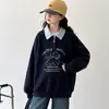 Conjunto casual de estilo coreano para niñas, sudadera con bloques de color y estampado de perro con cuello camisero y jeans de pierna ancha, conjunto de dos piezas para niños mayores, moderno atuendo de otoño