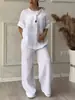 Site Independente Transfronteiriço Europeu e Americano Moda Verão 2026 Especialista Conjunto Feminino Algodão e Linho Multicor Gola V Manga Longa Calça Longa