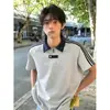 Camisa Polo Listrada de Manga Curta com Meio Zíper para Homens, Verão, Caimento Solto, Estilo Americano Moderno, Camiseta de Manga Curta Resistente para Adolescentes