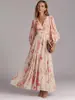 Vestido Longo de Manga Bufante com Gola V, Estilo Resort Amazon Transfronteiriço, Estampa de Rede Retro Francesa, Que Valoriza a Silhueta