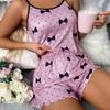 Conjunto de Pijama con Estampado de Moño Camisola Pantalones Cortos con Cintura Elástica Ropa de Dormir y Ropa de Casa para Mujer Negro Azul