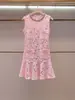 Vestido de verão novo, elegante, de alta qualidade, estilo Chanel, resistente, com bordado de strass, gola redonda, renda solúvel em água, vazado, slim fit