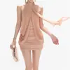 En Stock Diseño Original # Dama Noble Antigua # Malla Chifón Tejido Cuello Halter Cuerpo Plisado Vestido Corto Bodycon