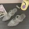 Sandalias de Moda para Mujer, Nuevo Estilo de Verano, Versátiles para Salir, Antideslizantes, Antiolor, Tacón Grueso, Punta Cerrada, Chanclas de Plástico con Cristales