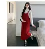 2025 Nuevo Estilo Coreano Otoño e Invierno Vestido Chaleco de Tirantes de Longitud Media + Suéter de Punto Camisa Base Aspecto Adelgazante Traje de Maternidad