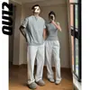 Camiseta Versátil de Manga Curta em Algodão Pesado para o Verão de 2025, Design Tridimensional Falso de Duas Peças, Gola Redonda, Meio Zíper, nas Cores Cinza e Preto