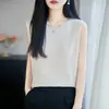 Colete Tricotado Redondo de Linho Tencel Novo Estilo Primavera/Verão 2026 para Mulheres, Cor Sólida Sem Mangas Pulôver Camisa Base Top Tendência