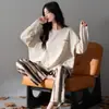 Pijama Feminino 7A de Algodão Puro Antibacteriano Mais Vendido em Live-Stream, Conjunto de Roupa de Dormir Pulôver Solto de Manga Longa e Calça Longa para Primavera e Outono