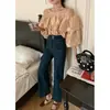 Jeans Acampanados Cortos de Mujer de Cintura Alta con Doble Hebilla en Color Denim Liso [Estiramiento Universal en Cuatro Direcciones] de Trece Líneas de Guangzhou