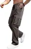 Calça de trabalho reta e moderna com múltiplos bolsos para homens, adequada para primavera e outono, com cós de cordão, disponível em estoque