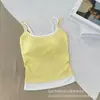 Camisola Vintage Estilo Hong Kong Contraste de Color Falso Dos Piezas Plisado Delgado de Tirantes Versátil Casual Falso Dos Piezas Top Corto