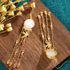 Brincos de Prata 925 com Pino Estilo Chinês Brincos de Imitação de Jade Hetian Tassel Clássico Feminino Ganchos de Orelha Hanfu