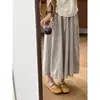 Saia de Cintura Elástica, Estilo Coreano Estilo Preguiçoso Algodão Listrado Vertical Cordão Primavera e Verão Bege Cinza Azul Listrado Saia Evasê