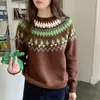 Suéter jacquard Fair Isle de lã australiana para mulheres, outono e inverno, estilo casual, pulôver, curto, manga longa, modelagem solta, camada base