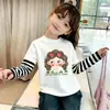 Roupa de Verão para Meninas: Camiseta Estampada Manga Longa Doce e Fofa, Top Patchwork Duas Peças de Verão para Crianças Maiores, Algodão Puro