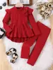 Ropa Infantil Transfronteriza Europea y Americana Conjunto de Niña Traje Rojo con Lazo de Canalé Top de Mangas Volantes Conjunto de Pantalones Largos Casuales Conjunto de Dos Piezas