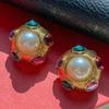 Europeu e Americano Retro estilo Chinês estilo chinês gema colorida embelezada pérola rodada brincos de ouro brincos femininos