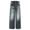 Jeans Wide Leg Masculino Estilo Wasteland Retrô Gradiente Preto-Cinza Desbotado Branqueado Amassado 3D Estampa Escura Padrão Escuro Corte Reto Solto