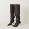 Botas largas de punta para mujer, transfronterizas, para otoño e invierno, con suelas de goma suaves, tacones altos, talla grande, color liso, tacón delgado, botas versátiles de caña alta para mujer