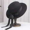 Sombrero de Paja con Lazo y Cinta Estilo Francés para Mujer, Sombrero de Verano de Ala Plana, Sombrero para Sol y Protección Solar al Aire Libre, Sombrero de Copa Plana para Viaje