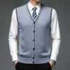 Colete de Lã Outono e Inverno Masculino Meia-Idade Gola V Cardigã Tricotado Pura Caxemira Base Camisa Suéter de Pai