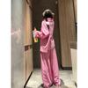 Pijama Rayado de Bloques de Color Estilo Perezoso Rosa para Mujer, Nuevo Conjunto de Ropa de Casa de Manga Larga y Pantalón Largo de Otoño Talla Grande que se Puede Usar Afuera