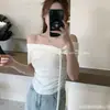 Estilo Francés de Verano Estilo Suave Cinta Floral Punto sin Hombros Ajuste Delgado Arrugado Top Irregular Camiseta de Manga Corta