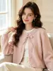 Novo suéter feminino de gola redonda versátil de caimento justo para outono e inverno, cardigã de tricô com detalhes em renda, estilo doce europeu e americano
