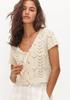 Cardigan Tricotado Curto Vazado Sexy Que Deixa a Barriga de Fora Novo Estilo Europeu e Americano Primavera/Verão 2024 Tricot de Cor Pura Manga Curta Roupa de Cima