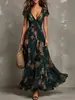 Vestido de gasa estampado tipo óleo retro europeo y americano, hecho a medida, transfronterizo, para mujer, con cuello en V, mangas acampanadas pequeñas y falda larga ajustada y plisada.