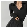 2024 Nova Camiseta de Manga Longa Estilo Coreano Feminina de Verão Camisa Básica Estilo Ocidental Estilo Puro Desejo Slim Fit Emagrecedor Top Versátil