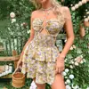 Vestido de Verano 2026 para Mujer con Estampado Floral, sin Tirantes, de Atar, con Corte que Ceñe la Cintura y Minifalda con Tirantes Finos