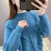 Suéter de Moda con Encaje de Terciopelo Imitación de Visón para Mujer Otoño e Invierno Nuevo Estilo Occidental Holgado Interior Grueso Camiseta Base de Punto