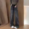 Moda Feminina Nova Primavera 2026 Jeans Larga Brilhante com Apliques de Strass Pesado Calças Retrô de Cintura Alta Reta