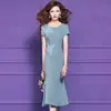Vestido de Pérolas Feimengyi para Mulheres, Manga Curta, Verão, Elegante de Alta Qualidade, Estilo Socialite Retrô, Ajustado, Cauda de Peixe, Comprimento Médio