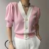 Shanli Dadi Chic Verano Francés Cuello en V Bloque de Color Blanco y Negro Único Casual de Botonadura Sencilla