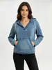 Moletom Jeans com Capuz para Primavera e Outono Feminino, Lavado Decote V Solto Bolso Grande Jeans Hoodie, Fábrica de Origem