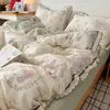 Juego de Ropa de Cama de Encaje Francés Cuatro Piezas Algodón Puro Lavado Hilo de Algodón Nuevo Funda Nórdica Sábana Plana Sábana Ajustable Dormitorio Estudiantil Juego de Tres Piezas