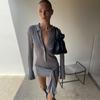 Estilo Ins Europeo y Americano Moda Otoño 2024 Vestido con Cuello Polo Delgado y Sexy Color Sólido Fruncido Mangas Largas Falda de Cadera