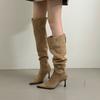 Outono e Inverno 2025 Novas Botas Stiletto Dobráveis de Camurça de Bico Fino Estilo Coreano de Duas Formas para Mulheres Botas Versáteis com Zíper Lateral